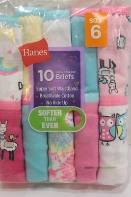 NEW Hanes Size 6 Girl's 100% Cotton 10 Pair Tagless Briefs Panties Underwear - Image 1 of 2