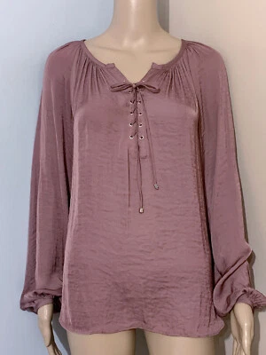 JENNIFER LOPEZ JLO M Mauve Pink Poly LACE-UP PEASANT BLOUSE Long Sleeve - Image 1 of 4