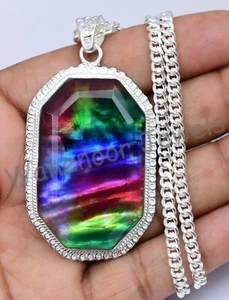 40Gm Natural Ammolite Gemstone 925 Sterling Silver Pendant With Chain Certified - Picture 1 of 7