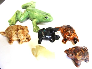 Vintage Figur Teichfrosch & Schildkröte Keramik geschnitzt Kohleachat Feengarten 6 Stück - Bild 1 von 19