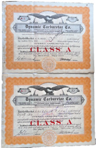 Set 2 Dynamic Carburetor Co. 1929 issued stock certificates president AM Malouf