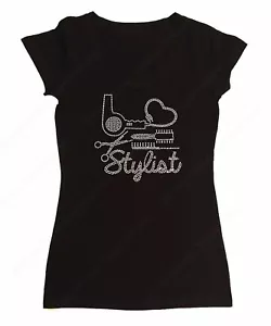 Women's Rhinestone T-Shirt " Hair Stylist with Blow Dryer " in All Sizes - Picture 1 of 8