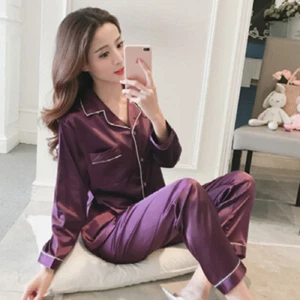 Satin Pyjamas Ladies Womens PJs Silk Long Sleeve Soft Nightwear Sleepwear Set · - Picture 1 of 20