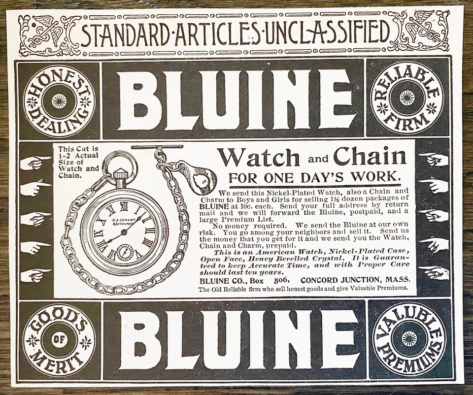 BLUINE CO Blanqueador de Ropa Azul Producto de Lavandería De Colección 1899 Reloj Oferta Anuncio Impreso Foto 1 de 1