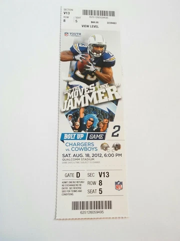 2012 San Diego Chargers Dallas Cowboys NFL Football Full Ticket Stub Cover