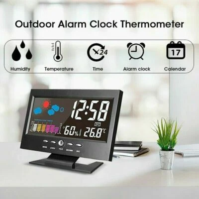 LED Digital Alarm Clock Calendar Thermometer Hygrometer Weather Display - Image 1 of 4