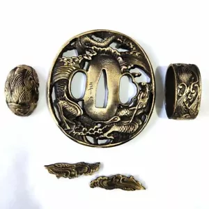 Super A Set Brass Tsuba Menuki Fuchi Kashira For Japanese Katana Sword Wakizashi - Picture 1 of 7