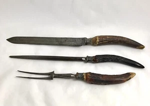 1900 Isaac Ellis & Sons 3 Pc Carving Set Sheffield England Handle Stag Sterling - Picture 1 of 12