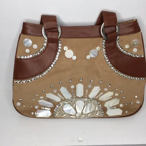 Nuevo bolso M de colección The GET Company con cuentas de pera madre lentejuelas marrón gamuza cuero - Imagen 1 de 7