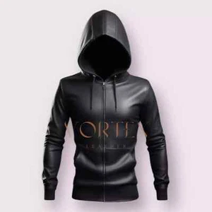 Men's Leather Hoodie Black Leather Hoodie Front Zipper Style Lambskin Leather co - Picture 1 of 4