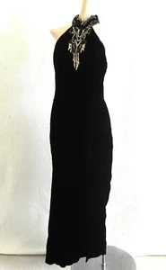Vintage Weekend Maxikleid hinten offen Neckholder schwarz Samt Schlitz Paillettenbesatz Größe 4 - Bild 1 von 9