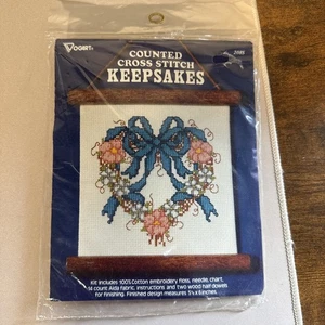 Vogart Counted Cross Stitch Kit -Heart/Bow- Wood Wall Hanging 5 1/2”x 6" NEW - Picture 1 of 3