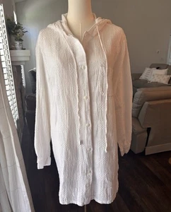 Dotti Women Vintage Y2K Swim Cover Up Large Hooded 100% Cotton White Button - Picture 1 of 8