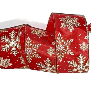 Rot mit weißen Schneeflocken und Gold Glitzer Drahtkante Band 2,5"x10Yds Neu - Bild 1 von 5