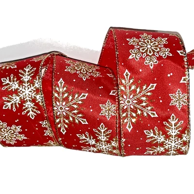 Red With White Snowflakes and Gold Glitter Wired Edge Ribbon 2.5"x10Yds New - Image 1 of 4