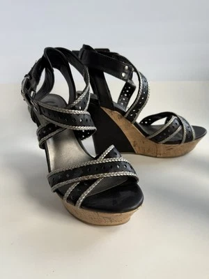 Guess Strappy Metallic Trim Cork Wedge Heel Sandals Platform Black 7.5 - Image 1 of 4