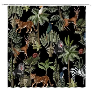 Jungle Animals Shower Curtain Cheetah Zebra Monkey Antelope Green Tropical Fo... - Picture 1 of 3
