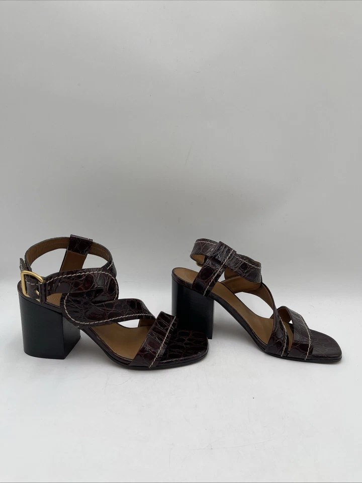 Sandalias Chloé de cuero de cocodrilo borgoña con correa en el tobillo tacón bloque para mujer talla 37” Foto 1 de 4
