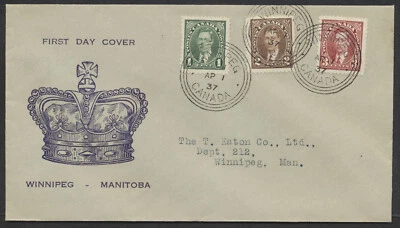 1937 #231-233 1c-3c George VI Mufti FDC Blue Crown Cachet Winnipeg Orbs - Image 1 of 2