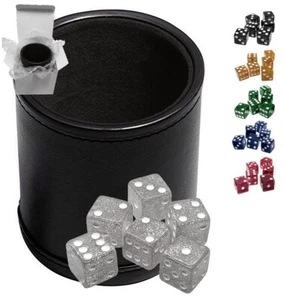 (6) Transparent Glitter Dice + PU Leather Black Felt Lined Cup New Sealed Box - Picture 1 of 10