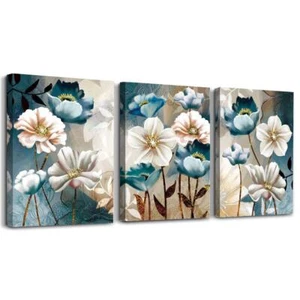 SERIMINO 20" x 28" x 3 Panels Large White and Indigo Blue Lotus Canvas Wall Art - Picture 1 of 1
