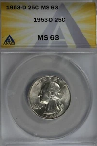 1953-D .25   ANACS   MS 63    Washington Quarter, Silver 25 Cents (0.25) - Picture 1 of 2
