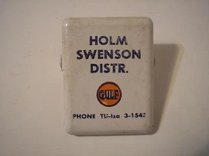Gulf Oil Gas Station Advertising Paper Clip Tulsa Oklahoma Holm Swenson Tin - Picture 1 of 4