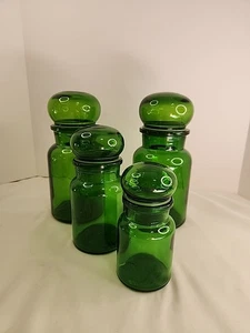 Belgium Set Of 4 Green Glass Bubble Lid Apothecary Canisters VINTAGE - Picture 1 of 8