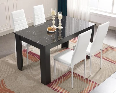 Modern Black Marble Dining Table & 4 White PU Chairs Set 120cm Home - Image 1 of 4