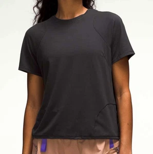 LULULEMON Lightweight Cinched Hem HIKING T-SHIRT TOP Black Mesh Drawcord SZ 4 - Picture 1 of 8
