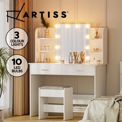 Artiss Dressing Table LED Makeup Mirror Stool Set 10 Bulbs Vanity Desk White - image 1 of 4
