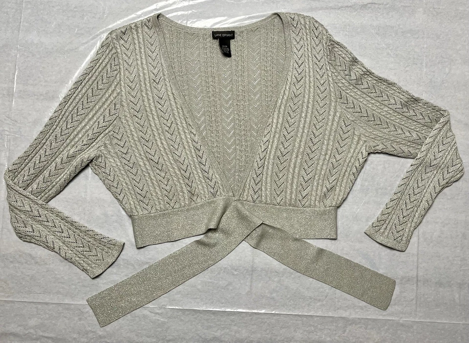 Cárdigan de mujer Lane Bryant plateado metálico talla 22/24 con corbata frontal abierta vintage Foto 1 de 4