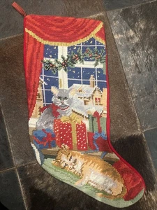 Calza Natalizia Vintage Needlepoint Petit Point 18" Arancione Tabby Gatto Grigio - Foto 1 di 10
