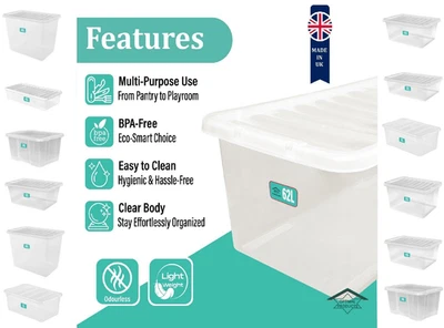 Clear Plastic Storage Box Boxes With Lids UK BRITISH MADE Home Office Stackable - Image 1 of 4
