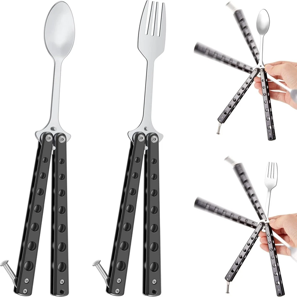 2 Pcs Butterfly Fork and Spoon Set, Tactical Folding Black - Image 1 of 4