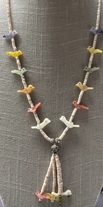 Vintage Zuni Fetish Necklace Carved Birds Heishi Bead Necklace Abalone - Picture 1 of 13