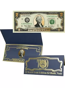 22k Gold Layered Uncirculated Two Dollar Bill - Special Edition Collectible - Picture 1 of 1
