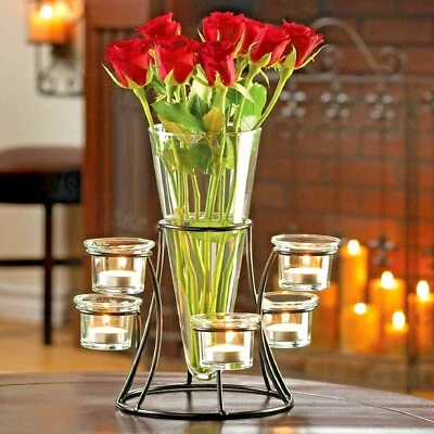 Candelabro Circular 6 Vasos de Vidrio Soporte de Hierro Florero Decoración de Mesa 11"H Foto 1 de 4