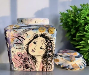 VTG Art Canister with lid hand Painted Colorful women portrait sign by Artist - Picture 1 of 16
