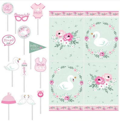 SWEET SWAN baby shower Gender Reveal party Scene Setter w/12 photo props girl - Image 1 of 2