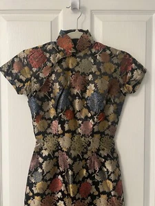Vtg 40s Silk Floral Chinese Cheongsam Asian Wiggle Dress Sz XXS Black Handmade - Picture 1 of 13
