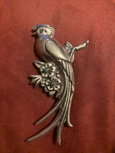 HUGE Turquoise Bird Pendant 4.5" Mexico Sterling VTG 28g .925 Antique Puffy - Picture 1 of 6