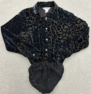 Vintage Paolo Santini Velvet Burnout Silk Bodysuit Blouse Sz Small Black Blue - Picture 1 of 19