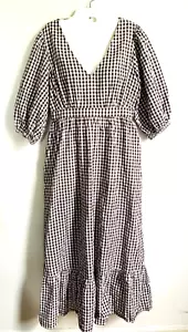 NWT Cali Maxi Dress S Brown White Gingham Dress Short Sleeve V-Neck Cotton Blend - Picture 1 of 17