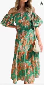 ZESICA Green L Summer Boho Off Shoulder Short Sleeve Smocked Dress Roses Midi - Picture 1 of 14