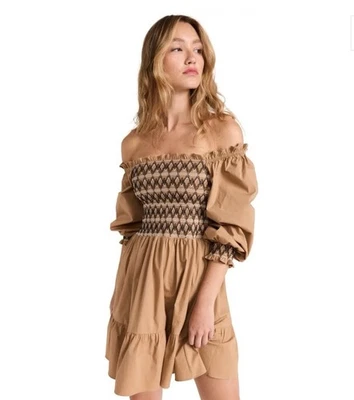 Shoshanna Celina Smocked Dress Size 4 Almond Tan Puff Sleeve Fit & Flare Mini - Image 1 of 4
