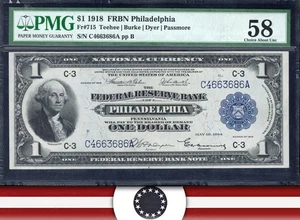 1918 $1 PHILADELPHIA FRBN GREEN EAGLE PMG 58 Fr 715 FEDERAL RESERVE BANK 36386 - Picture 1 of 3