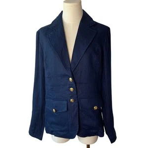 Joie 100% Linen Navy Blue Blazer Size S Military Style Gold Tone Buttons - Picture 1 of 11