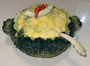 Vtg-3pc-Japan Majolica Ceramic Cauliflower Cabbage Shaped Tureen Carrot Knob - Picture 1 of 11