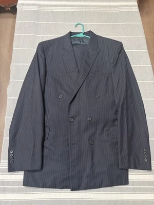 Traje H. Freeman & Son Azul Rayas Doble Pecho 40L Personalizado 33x31 2 Piezas Foto 1 de 4